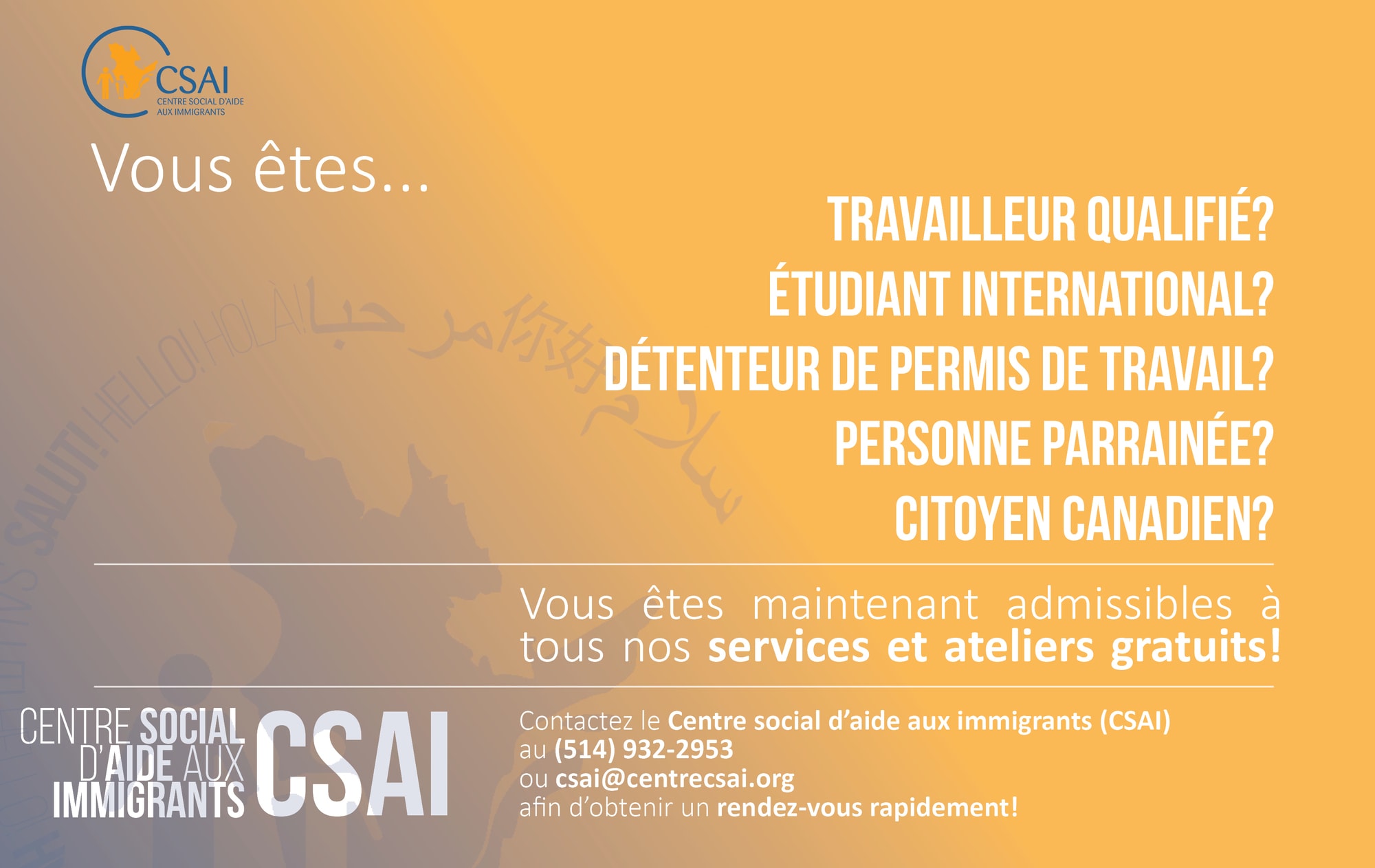 Services et ateliers gratuits au Centre social d’aide aux immigrants